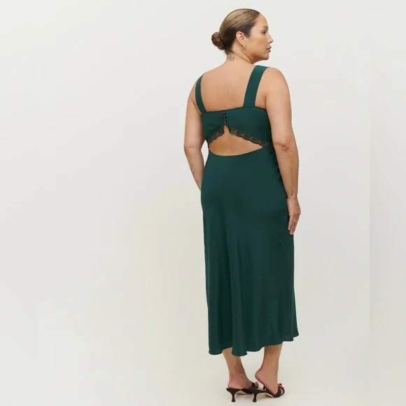 REFORMATION Provence 100% Silk Dress (Extended sizing) in Forest - Picture 3 of 5